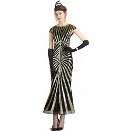 Women's V Neck Short Sleeve Sequin Bridesmaid Gown Evening Party Mermaid Formal Dress with 20s Accessories Costume (Sequin Mermaid Black Gold, X-Large)