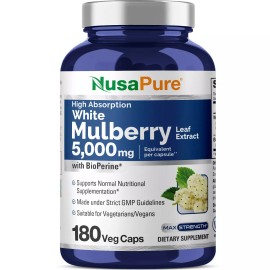 NusaPure White Mulberry Leaf Extract 5,000mg 180 Veggie Caps Non-GMO Vegan