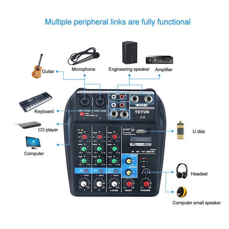 Portable 4-Channel BT Sound Mixing Console Digital Audio Mixer Built-in