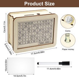 Money Box with 1000 € Savings Target, Wooden Money Box, Reusable Money Box with 1 Erasable Pen and Acrylic Plates, Money Box with Counter, Helps Adults and Children the Habit of Saving
