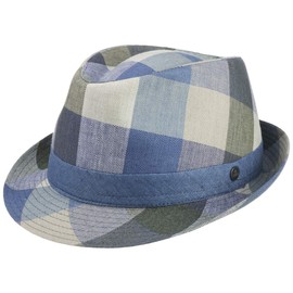 LIERYS Payato Checks Trilby Linen Hat Women / Men - Made in Italy - Fedora Made of 100% Linen - Fabric Hat with Light Lining - Linen Triilby with Garnish Band - Spring/Summer, blue