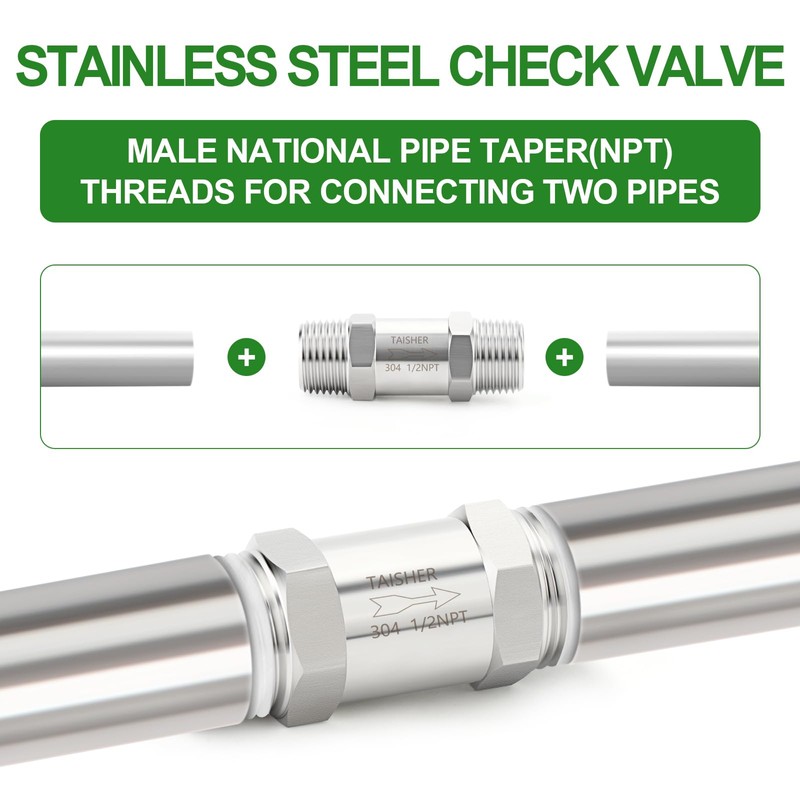 TAISHER 1PCS 304 Stainless Steel 1/2" NPT Male Check Valve,Backflow
