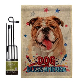Patriotic Bulldog Burlap Garden Flag Set with Stand Animals Dog Puppy Spoiled Paw Canine Fur Pet Nature Farm Animal Creature Small Decorative Gift Yard House Banner Double-Sided Made In USA 13 X 18.5