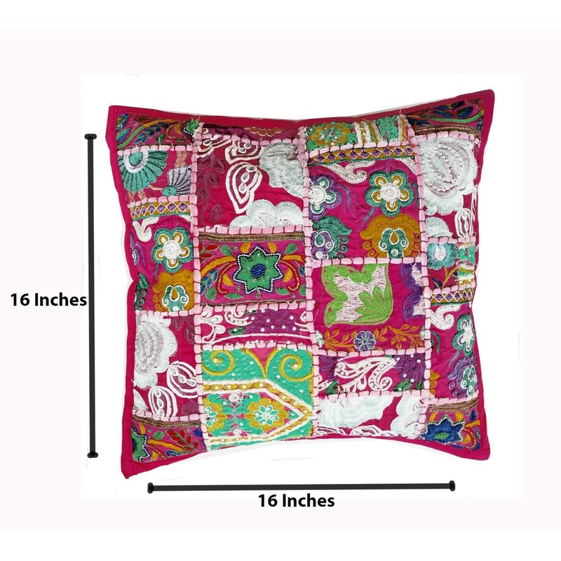 Rastogi Handicrafts Handgefertigtes Patchwork-Kissen, Sari-Patchwork-Kissen, indisch, ethnisch, bestickt, Sari-Patchwork-Kissenbezug (rosa)