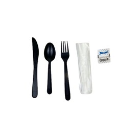 DHG PROFESSIONAL Heavy Duty Black Plastic Cutlery Sets 6 Items | 250-Pieces Disposable Utensil Set – Fork, Knife, Spoon, Napkin, Salt & Pepper | For Catering, Restaurants, Events & Travel