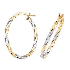 9CT YELLOW & WHITE GOLD OVAL HOOP EARRINGS - TWO TONE GOLD - TWISTED PATTERN