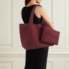 LIKEBAG Woven Bag for Women, Large Neoprene Tote Bag Summer Beach Handbag Purse Retro Handmade Travel Shoulder Bag Set (Claret)