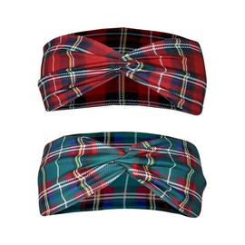 ccHuDE 2 Pcs Christmas Plaid Headband Scottish Tartan Headbands Wide Cross Headwear Elastic Twisted Hairband Red Green