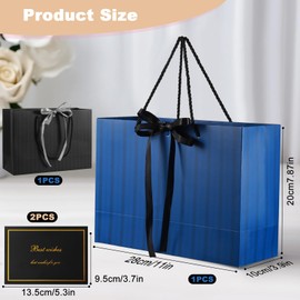 2Pcs Medium Gift Bags for Present,Birthday Gift Bag with Wrappers and Foil Stamped Cards,Bow Gift Bags with Handles Portable Party Bags for Wedding Party Christmas Valentines (Black, Blue)