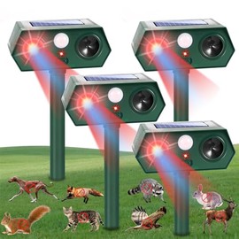 4Pack Upgraded Raccoon Fortress Pro Sonic Fortress Pro Deer Repeller Solar Ultrasonic Animal Repellent Outdoor Motion Activated Squirrel & Cat Deterrent to Keep Skunk Rabbit Out of Garden & Yard