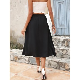 BERYDRESS Women's Black Skirts with Pockets Elastic Waisy Flowy Swing A-Line Boho Casual Midi Skirts(M,6224-Black)