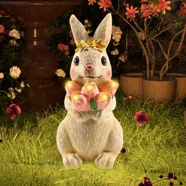 Rabbit Decoration with Solar Lantern, Garden Decoration Figures, Rabbit Garden Statues with Solar Light, Easter Bunny with Butterfly Flowers, Garden Decoration Statue with Solar for Lawn, Balcony,