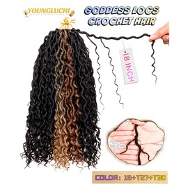 Goddess Faux Locs Crochet Hair for Black Women- 9 Packs 18 Inch Mixed Colors Combo Pack,Pre Looped Curly Faux Locs With Bohemian Curly Branch,Synthetic Braiding Hair Extensions(18"-9P,1B+T27+T30)