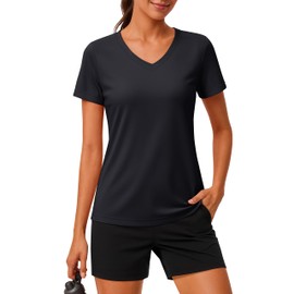 MAGCOMSEN Workout Tops for Women UPF 80+ Sun Shirts Summer Tops Short Sleeve V-Neck T-Shirts Yoga Tee Shirts, Black, L