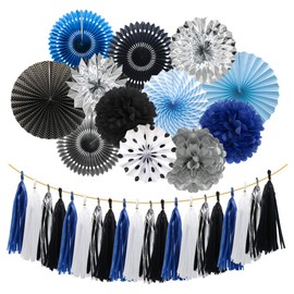 Meiduo Navy Blue Silver Black Party Decorations Hanging Paper Fans Pom Poms Flowers Tissue Tassel Garland for Graduation Boy Kids Birthday Man's Navy Party Baby Shower