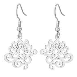 KKJOY Lotus Flower Dangle Earrings Stainless Steel Yoga Pendat Inspirational Jewelry for Women Charming Ladies (Silver)