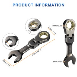 HARFINGTON Flex Head Stubby Ratcheting Combination Wrench 16mm Metric 72-Teeth CR-V Steel Nickel Plated Flex-Head Ratchet Wrench for Fasteners Nut Bolt