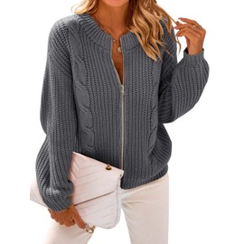 PRETTYGARDEN Women's Casual Long Sleeve Zip Up Open Front Cable Knit Cardigan Sweaters for Women 2025 Fall Sweater (Grey,X-Large)
