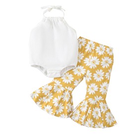 Kaipiclos Toddler Baby Girl Sleeveless Halter Ribbed Solid Romper Sunflower Floral Print Flare Bell Bottoms Pants Outfit