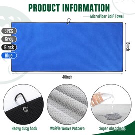 Batiyeer 3 Pack Caddy Golf Towels 18'' x 40'' Large Caddy Towel for Bags, Microfiber Waffle Pattern with Carabiner Clip Ultra-Absorbent Golfing Gear for Man Golf Lovers Gifts(Black,Blue,Grey)