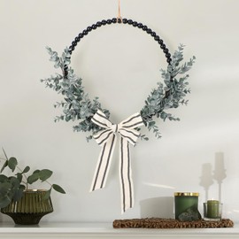 Wood Bead Eucalyptus Leaf Wreaths - 13 Inch Natural Greenery Wreaths Boho Wall Hanging Decoration for All Season Bedroom Room Rustic Farmhouse Home Indoor Outdoor Window Decor