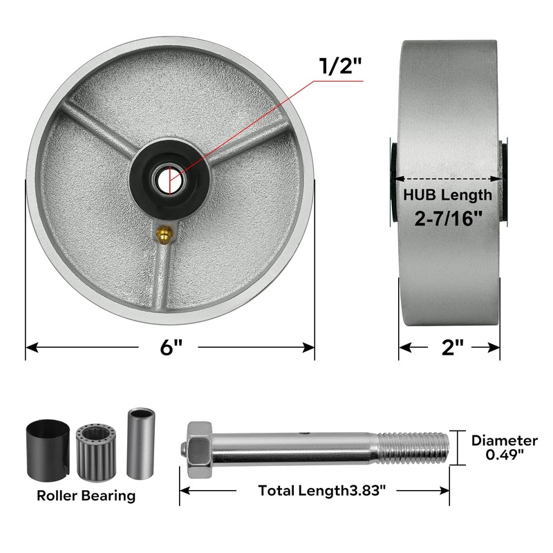 LONGRUNFORU 6" x 2" Industrial Casters, Steel Cast Iron Wheel