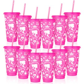 XLSXEXCL 12 Pcs Hot Pink Cups with Lids and Straws Glitter Tumbler 24 oz Travel Mug Cup Plastic Drinking Cups for Juices Parties Birthdays Bachelor Party