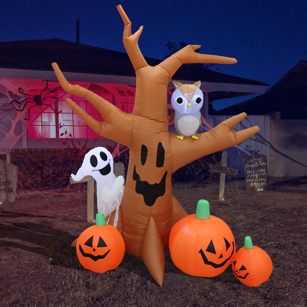 8 Foot Dead Tree with Owl, Ghost and Pumpkins