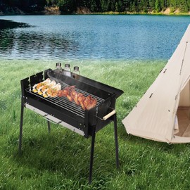 LINISHOP Barbecue Grill Free Standing Charcoal Grill Foldable BBQ Grills Stove Stainless Steel BBQ Tool Kit Portable Barbecue Rack Height Adjustable for Camping Picnic Outdoor Black New