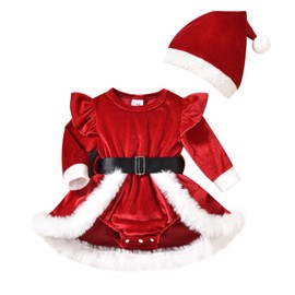 FYMNSI Newborn Infant Baby Girl Christmas Dress Toddlers Kids Santa Claus Costume Xmas Party Fancy Dress Up Long Sleeve Velvet Dress with Hat Set Fall Winter Clothes Photo Props Red 3-6 Months