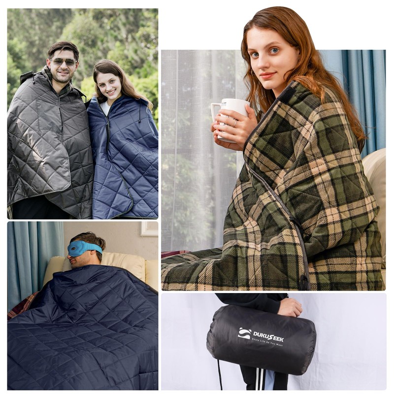DUKUSEEK Large Camping Blanket - Waterproof, Quilted, Extra Thick Fleece,