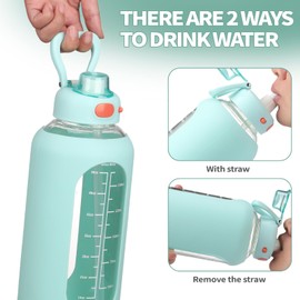 SIEROZUR 42 oz Glass Water Bottle with Straw and Handle Half Gallon Large Water Bottle with Silicone Sleeve and Time Marker Sports Water Jug Wide Mouth for Travel Gym