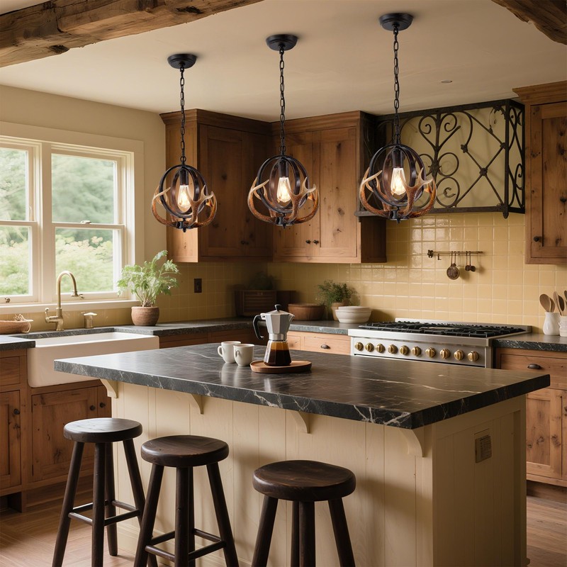 NEARLED Rustic Antler Pendant Light, Metal Globe with Resin Antlers,
