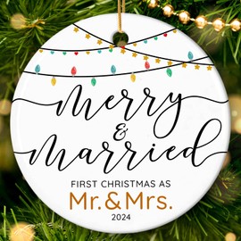 HEXMOZ First Christmas Married Ornament 2024 - Wedding Gifts for Couples 2024 - Just Married, Mr and Mrs Gifts for Newlyweds - Bridal Shower Wedding Gifts for Bride - Ceramic Wedding Ornament 2024