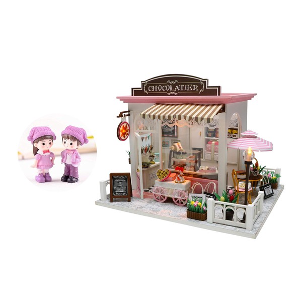 Cool Beans Boutique 1:24 Miniature DIY Dollhouse Kit Wooden European Chocolatier and Confectionery Shop with Musical Mechanism and Dust Cover + 2 Dolls (Chocolatier with Dolls)