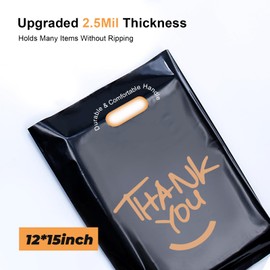 Morsatie Upgraded 100Pcs Thank You Bags, 2.5 Mil Extra Thick 12x15 Plastic Shopping Bags for Small Business Retail Merchandise Boutique Clothes Gift Party, Reusable Packaging Bags with Handle, Black