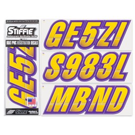 STIFFIE Techtron Yellow/Purple 3" Boat & PWC Registration Decals • Numbers Letters Stickers