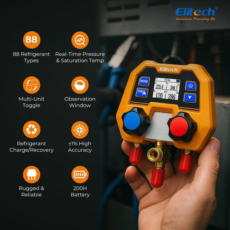 Elitech Digital Manifold Gauge for HVAC, Refrigeration & AC Systems