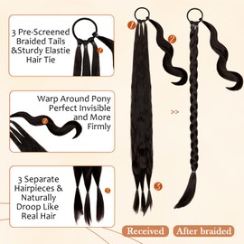 Wodelanle Long Braided Ponytail Extension with Hair Tie Dark Brown Straight Wrap Around Braid Ponytail Hair Extensions Natural Soft Synthetic Hair Piece for Women Daily Wear(26 inch)