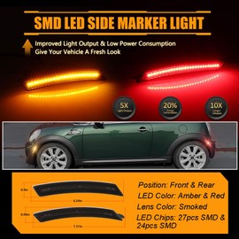 Front & Rear Fender LED Side Marker Lights for 2008-2014 MINI Cooper R55 R56 R57 R58 R59 R60 R61, Smoked Lens Side Bumper Lamps, [Ultra-Bright] Amber & Red LED Side Markers Turn Signal Lights, 4 PCS