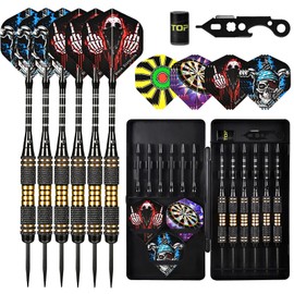 Wolftop Professional 6 Pack Steel Tip Darts Set - 22 Grams Darts Metal Tip Set in Case - Brass Darts with 12 Aluminum Shafts, 12 Dart Flights, Dart Tool and Dart Sharpener for Beginners to Pros