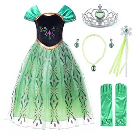 JerrisApparel Princess Party Dress Costume Cosplay Dress Up (5 Years, Green Anna with Accessories)