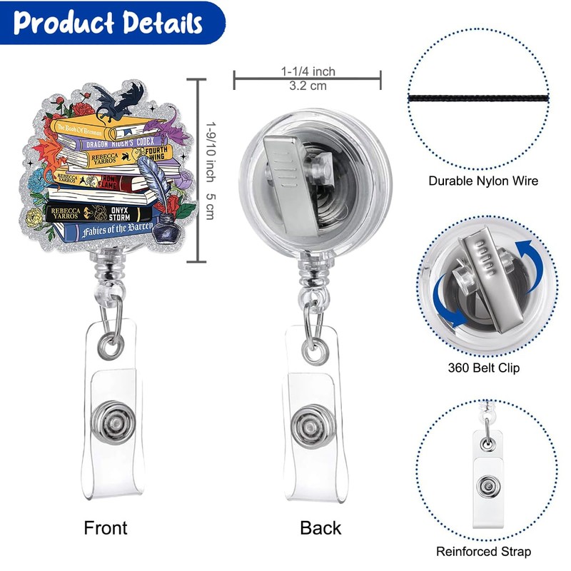 Fantasy Bookish Badge Reel, Bookworm Retractable ID with Alligator Clip
