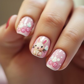 24Pcs Easter Press on Nails Short Fake Nails Cute Bunny False Nails with Easter Egg Full Cover Glue on Nails Rabbit Press ons Pink Square Stick on Nails Kawaii Acrylic Nails for Women Girls Nail Art