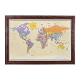 Push Pin Travel Maps - Tan Oceans World - Solid Wood Cherry Framed Pin Map for Tracking Your Travels - 27.5" x 39.5" - 8 Handcrafted Frame Options - Made in USA - Ideal for Any Traveler