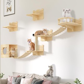 Homiflex Cat Wall Shelves, Cat Wall Furniture Pine Wooden Feline Shelf, 9 Piece Shelves and Perches with Bed, House, Steps, Bridge Ladder and Scratching Post
