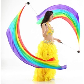 2Pcs Silk Veil + 2Pcs Poi Chain Ball Women Belly Dance Poi Streamer Throw Ball Stage Props(Rainbow)