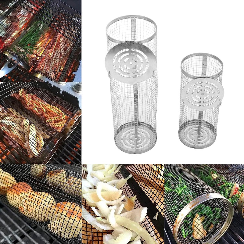 2PCS BBQ Net Tube Stainless Steel Barbecue Grill Basket Rolling