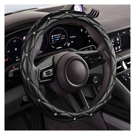 Diamond Soft Leather Bling Steering Wheel Cover, Universal Car Steering Wheel Protector with Crystal Rhinestones, 15 Inch Anti-Slip Interior Accessories for Women, Trucks, SUVs (Black)