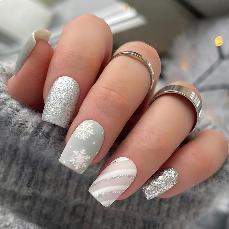 Square Christmas False Nails - 24PCS Short Press on Nails